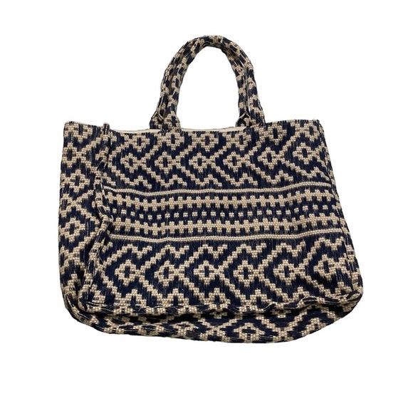 H&M Jacquard-Weave Handbag Large-Sized Brown & Blue Canvas Open Tote Bag Jute - Picture 4 of 10